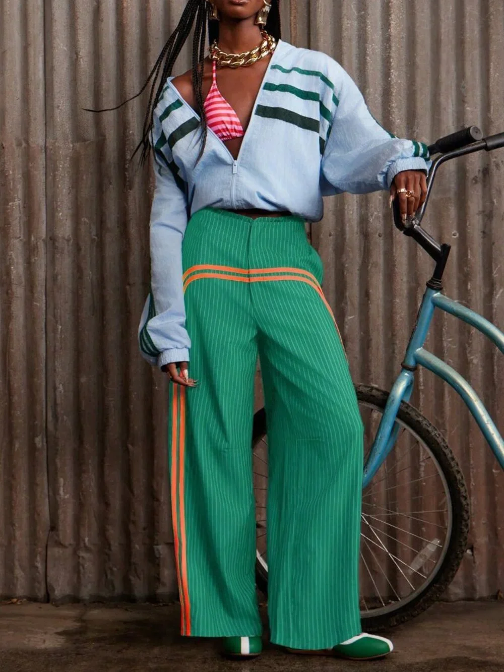 Green Casual Women's striped wide legged Pants - Picture 1 of 7